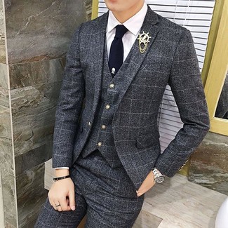 Charcoal Check Three Piece Suit Outfits: 