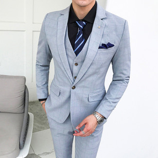 Light Blue Check Three Piece Suit Outfits: 