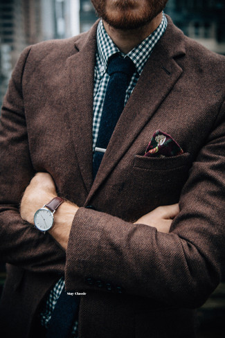 Dark Brown Herringbone Wool Blazer Summer Outfits For Men: 