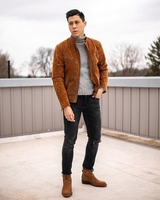 Men's Tobacco Suede Bomber Jacket, Grey Knit Wool Turtleneck, Black Ripped Skinny Jeans, Brown Suede Chelsea Boots