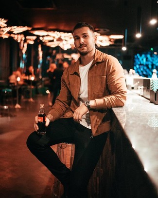 Dark Brown Bomber Jacket Outfits For Men: A dark brown bomber jacket and black skinny jeans are an easy way to introduce effortless cool into your day-to-day repertoire. Introduce black leather chelsea boots to your ensemble for an instant style injection.
