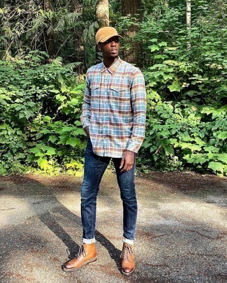 Men's Tan Baseball Cap, Tobacco Leather Brogue Boots, Navy Jeans, Multi colored Plaid Long Sleeve Shirt