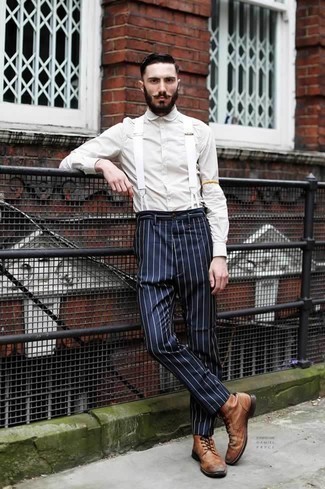 Navy and White Vertical Striped Dress Pants Outfits For Men: 