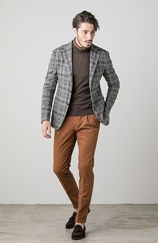 Charcoal Plaid Wool Blazer Outfits For Men: 