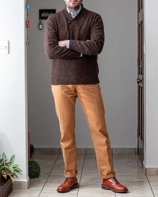 Dark Brown Shawl-Neck Sweater Outfits: 