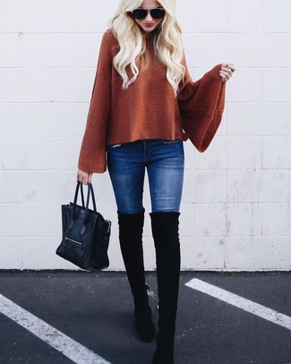 Women's Tobacco Crew-neck Sweater, Blue Skinny Jeans, Black Suede Over The Knee Boots, Black Leather Tote Bag