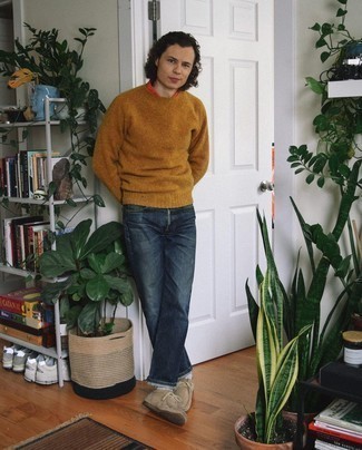 Tan Suede Desert Boots Outfits: If you're facing a sartorial situation where comfort is paramount, reach for a tobacco crew-neck sweater and navy jeans. Tan suede desert boots will be a welcome complement for this outfit.
