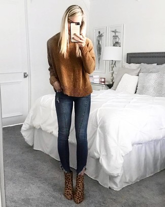 Women's Tobacco Crew-neck Sweater, Navy Skinny Jeans, Brown Leopard Suede Ankle Boots