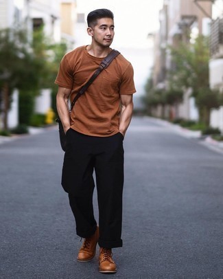 Men's Tobacco Crew-neck T-shirt, Black Chinos, Tobacco Leather Casual Boots, Dark Brown Leather Messenger Bag