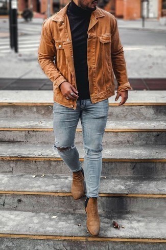 Tobacco Denim Jacket Outfits For Men: Why not choose a tobacco denim jacket and light blue ripped skinny jeans? As well as totally comfortable, both of these items look awesome worn together. For a dressier touch, add tan suede chelsea boots to the equation.