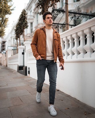 Tobacco Harrington Jacket Outfits: For an ensemble that's extremely easy but can be manipulated in a myriad of different ways, consider pairing a tobacco harrington jacket with charcoal skinny jeans. Consider grey suede low top sneakers as the glue that will tie this look together.