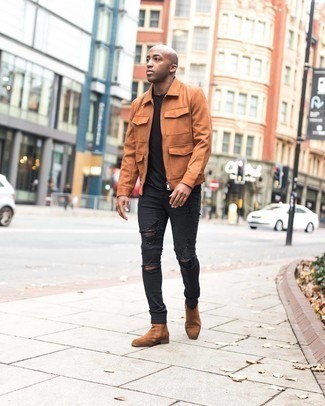 Tobacco Harrington Jacket Outfits: This outfit with a tobacco harrington jacket and black ripped skinny jeans isn't hard to pull off and is easy to adapt throughout the day. Inject a hint of refinement into this outfit by rocking a pair of brown suede chelsea boots.