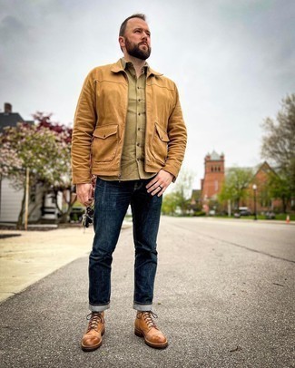 Brown Leather Casual Boots Outfits For Men: For relaxed dressing with a twist, wear a tobacco harrington jacket with navy jeans. Balance out your ensemble with a dressier kind of footwear, such as these brown leather casual boots.
