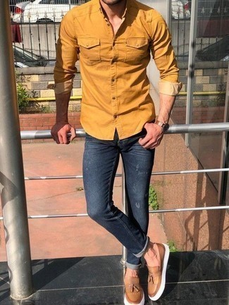 Men's Tobacco Long Sleeve Shirt, Navy Ripped Jeans, Tan Leather Tassel Loafers, Brown Leather Watch