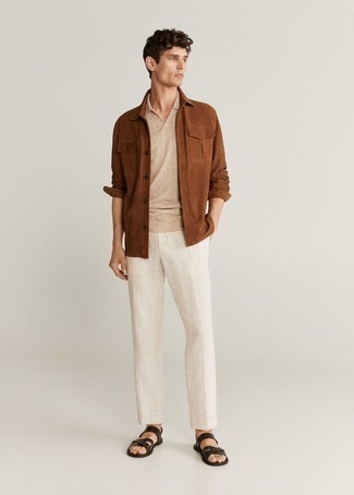 Dark Brown Leather Sandals Outfits For Men: This casual pairing of a tobacco suede long sleeve shirt and beige linen chinos is very easy to throw together without a second thought, helping you look amazing and prepared for anything without spending too much time rummaging through your wardrobe. Make this ensemble current by rounding off with a pair of dark brown leather sandals.