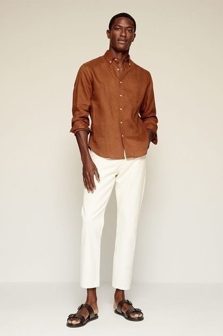 Dark Brown Leather Sandals Outfits For Men: Indisputable proof that a tobacco long sleeve shirt and white chinos are amazing when worn together in a casual outfit. To inject a hint of stylish nonchalance into your look, complete this getup with a pair of dark brown leather sandals.