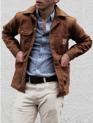 Men's Tobacco Military Jacket, Blue Chambray Long Sleeve Shirt, Beige Chinos, Black Leather Belt