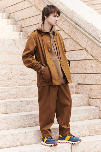 Men's Tobacco Military Jacket, Brown Knit Hoodie, Tobacco Chinos, Multi colored Athletic Shoes