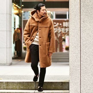 500+ Chill Weather Outfits For Men: If the situation calls for a refined yet kick-ass ensemble, reach for a brown fleece overcoat and black chinos. If you want to feel a bit smarter now, complete your ensemble with black suede tassel loafers.