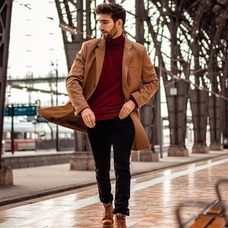 Burgundy Turtleneck Outfits For Men: A burgundy turtleneck and black ripped jeans are amazing menswear must-haves that will integrate well within your day-to-day casual routine. Got bored with this ensemble? Let a pair of tobacco leather work boots switch things up.