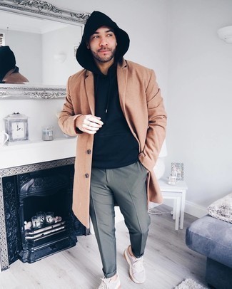 Men's Tobacco Overcoat, Navy Hoodie, Charcoal Chinos, Beige Athletic Shoes