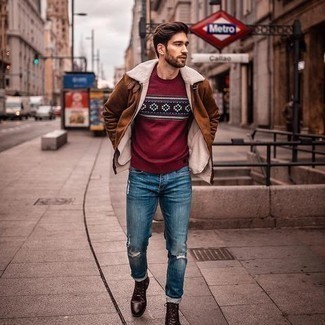 Tobacco Shearling Jacket Outfits For Men: A tobacco shearling jacket and blue ripped jeans are a smart outfit formula to add to your wardrobe. Hesitant about how to finish your outfit? Wear a pair of dark brown leather casual boots to class it up.