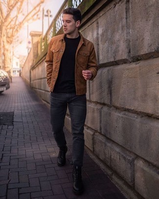 Tobacco Suede Shirt Jacket Outfits For Men: Make a tobacco suede shirt jacket and charcoal jeans your outfit choice if you want to look cool and casual without making too much effort. If you're puzzled as to how to finish off, introduce a pair of black leather casual boots to the mix.