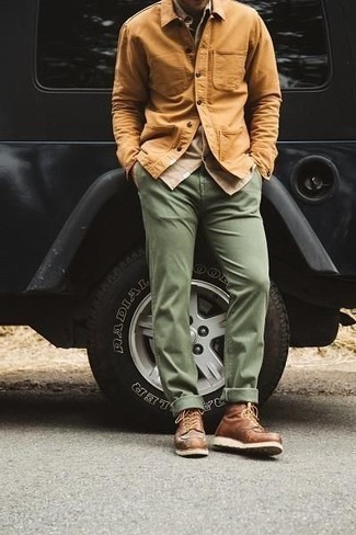 Tobacco Shirt Jacket Outfits For Men: Try teaming a tobacco shirt jacket with olive chinos to look incredibly classic anywhere anytime. Introduce a pair of brown leather casual boots to the mix and the whole ensemble will come together.