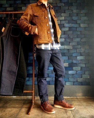 Brown Corduroy Shirt Jacket Outfits For Men: Teaming a brown corduroy shirt jacket with navy jeans is an awesome option for an off-duty but seriously stylish outfit. For extra style points, introduce tobacco leather casual boots to the mix.