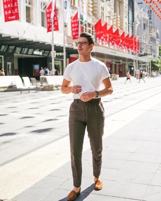 Tobacco Linen Dress Pants Outfits For Men: 
