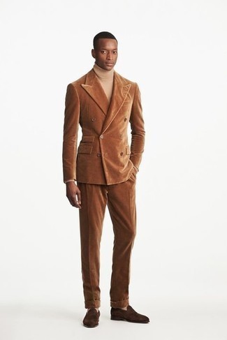 Dark Brown Suit Outfits: A dark brown suit looks so classy when paired with a tan turtleneck. Dark brown suede loafers are the perfect complement for your look.