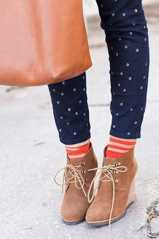 Women's Orange Horizontal Striped Socks, Tobacco Leather Tote Bag, Tan Suede Wedge Ankle Boots, Navy Polka Dot Skinny Jeans