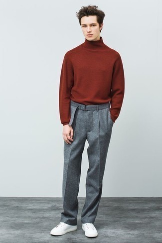 500+ Casual Outfits For Men: For a laid-back ensemble, rock a tobacco turtleneck with grey wool chinos — these pieces fit perfectly together. Does this ensemble feel all-too-perfect? Let white canvas low top sneakers change things up a bit.