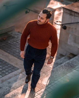 Tobacco Knit Wool Turtleneck Outfits For Men: Teaming a tobacco knit wool turtleneck with navy corduroy chinos is an on-point option for a casual but seriously stylish ensemble. Why not introduce dark brown leather chelsea boots to the equation for a sense of sophistication?