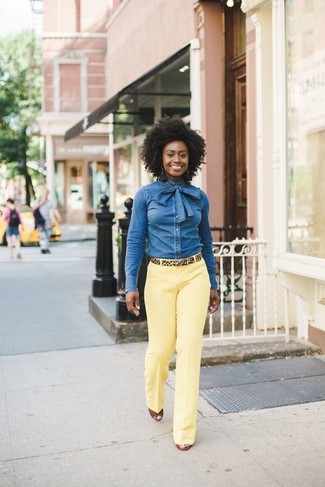 Women's Tan Leopard Suede Belt, Tobacco Leather Wedge Sandals, Yellow Dress Pants, Blue Denim Shirt