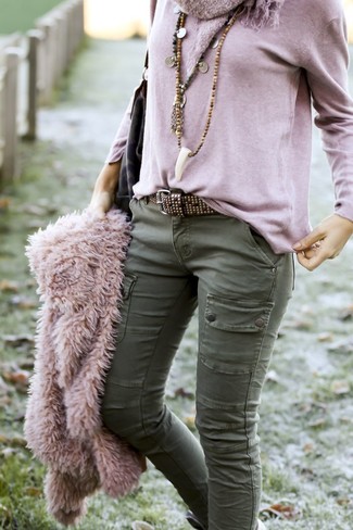 Women's Dark Brown Studded Leather Belt, Olive Camouflage Leather Tote Bag, Olive Cargo Pants, Pink Fur Jacket