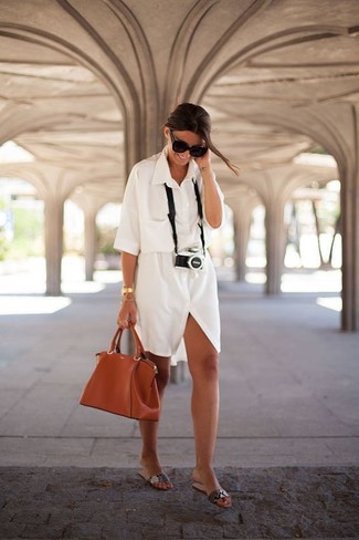 Women's Black Sunglasses, Tobacco Leather Tote Bag, Grey Snake Leather Flat Sandals, White Shirtdress