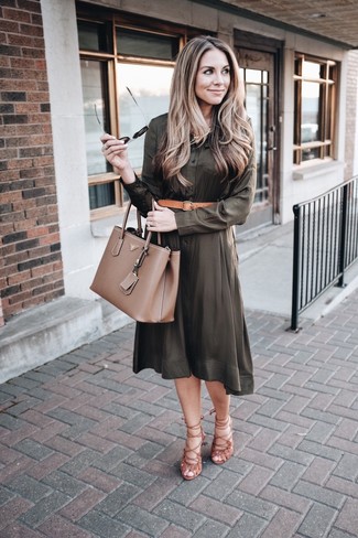 Women's Tan Leather Belt, Brown Leather Tote Bag, Brown Suede Gladiator Sandals, Olive Shirtdress