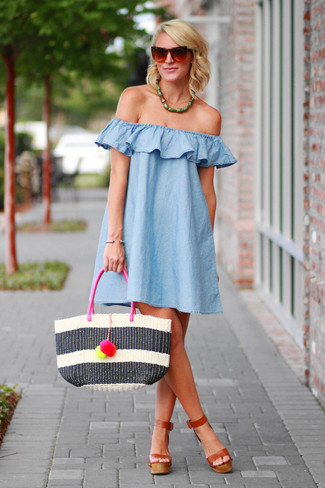 Women's Brown Sunglasses, White Horizontal Striped Straw Tote Bag, Brown Leather Heeled Sandals, Light Blue Swing Dress