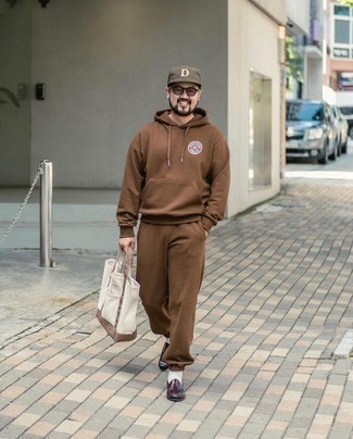 Men's Brown Baseball Cap, White Canvas Tote Bag, Burgundy Leather Loafers, Brown Track Suit