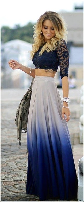 Women's Silver Bracelet, Olive Canvas Tote Bag, White and Blue Pleated Maxi Skirt, Navy Lace Cropped Top