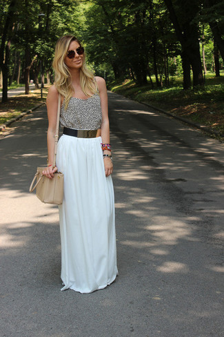 White and Blue Pleated Maxi Skirt Outfits: 