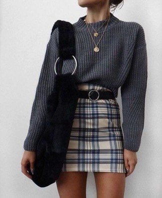 Beige Plaid Mini Skirt Outfits: 