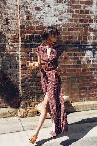 Women's Red Bandana, Beige Straw Tote Bag, Tan Leather Mules, Burgundy Print Maxi Dress
