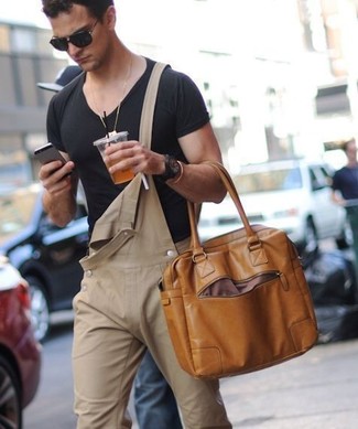 Men's Black Sunglasses, Brown Leather Tote Bag, Khaki Denim Overalls, Black V-neck T-shirt