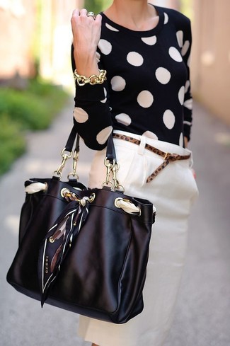 Women's Brown Leopard Leather Belt, Black Leather Tote Bag, Beige Pencil Skirt, Black Polka Dot Crew-neck Sweater