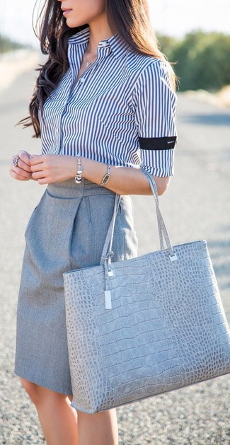 Women's Silver Bracelet, Grey Snake Leather Tote Bag, Grey Pencil Skirt, White and Navy Vertical Striped Dress Shirt