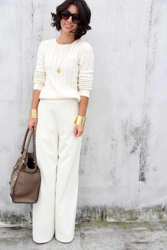 White and Black Cable Sweater Outfits For Women: 