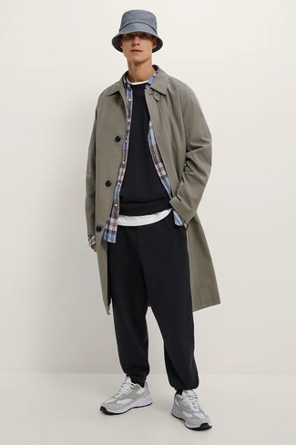 Men's Grey Athletic Shoes, Black Track Suit, Multi colored Plaid Long Sleeve Shirt, Grey Trenchcoat