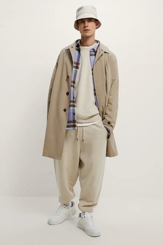 Men's White Leather Low Top Sneakers, Beige Track Suit, Light Violet Plaid Flannel Long Sleeve Shirt, Tan Trenchcoat